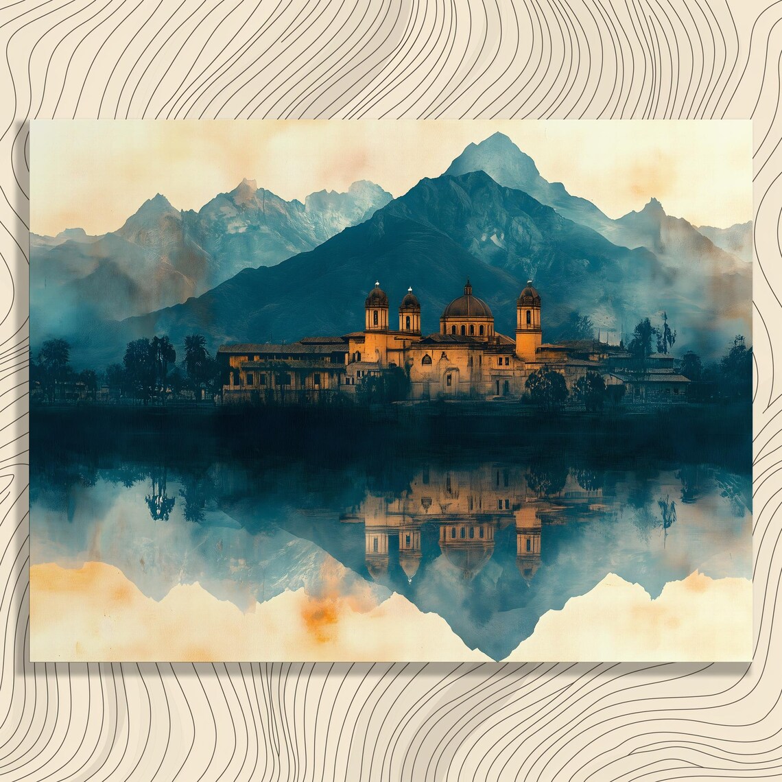 Serene Mountain Monastery Church Lake Reflection Landscape Art Poster