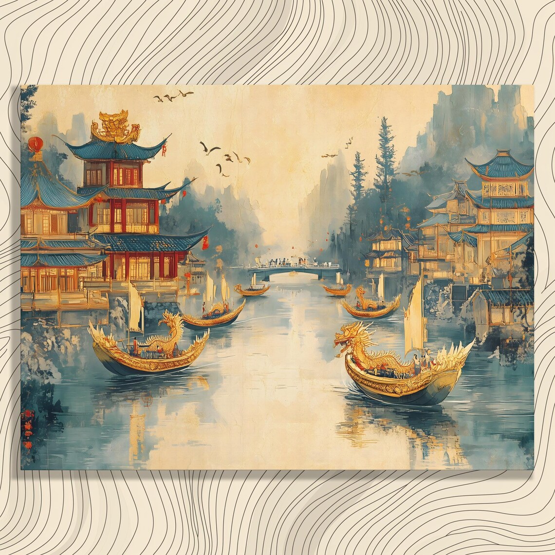 Golden Dragon Boats on River Vintage Asian Landscape Art Print