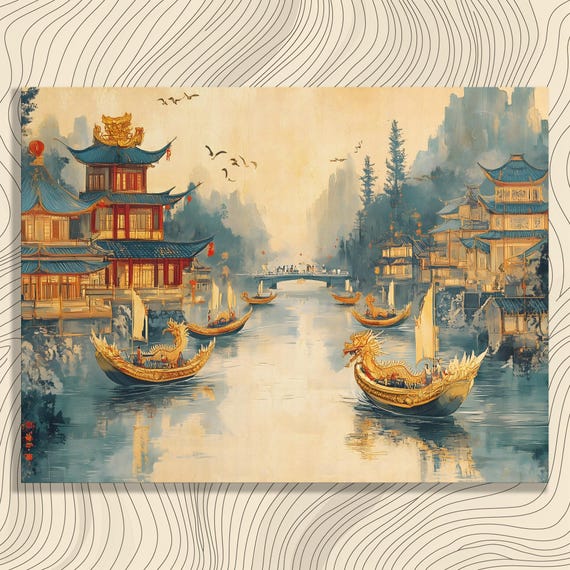 Serene Dragon Boats Canvas Wall Art Vintage Asian Landscape Painting Traditional Architecture Culture Heritage River Print
