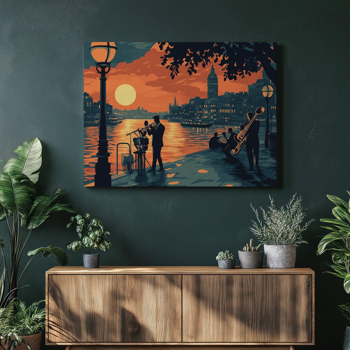 Sunset Jazz Musicians Riverside Promenade Vintage Illustration Poster