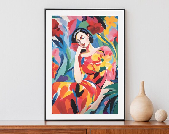 Fauvist Woman Resting on Her Hand Among Wildflowers Vivid Figurative Art Poster