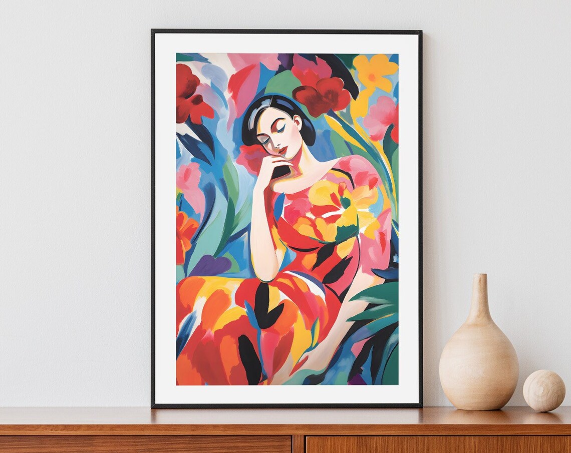 Fauvist Woman Resting on Her Hand Among Wildflowers Vivid Figurative Art Poster