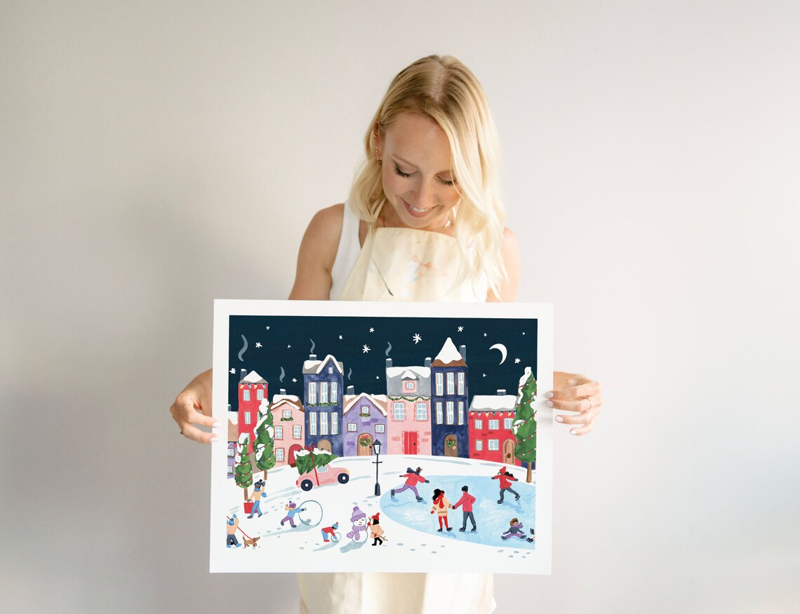 Christmas Village at Night Gouache Art Print - Image 4