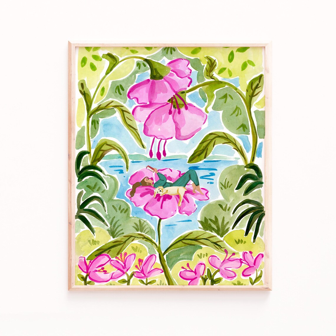 Floral Fantasy Woman and Dog Watercolor Art Print