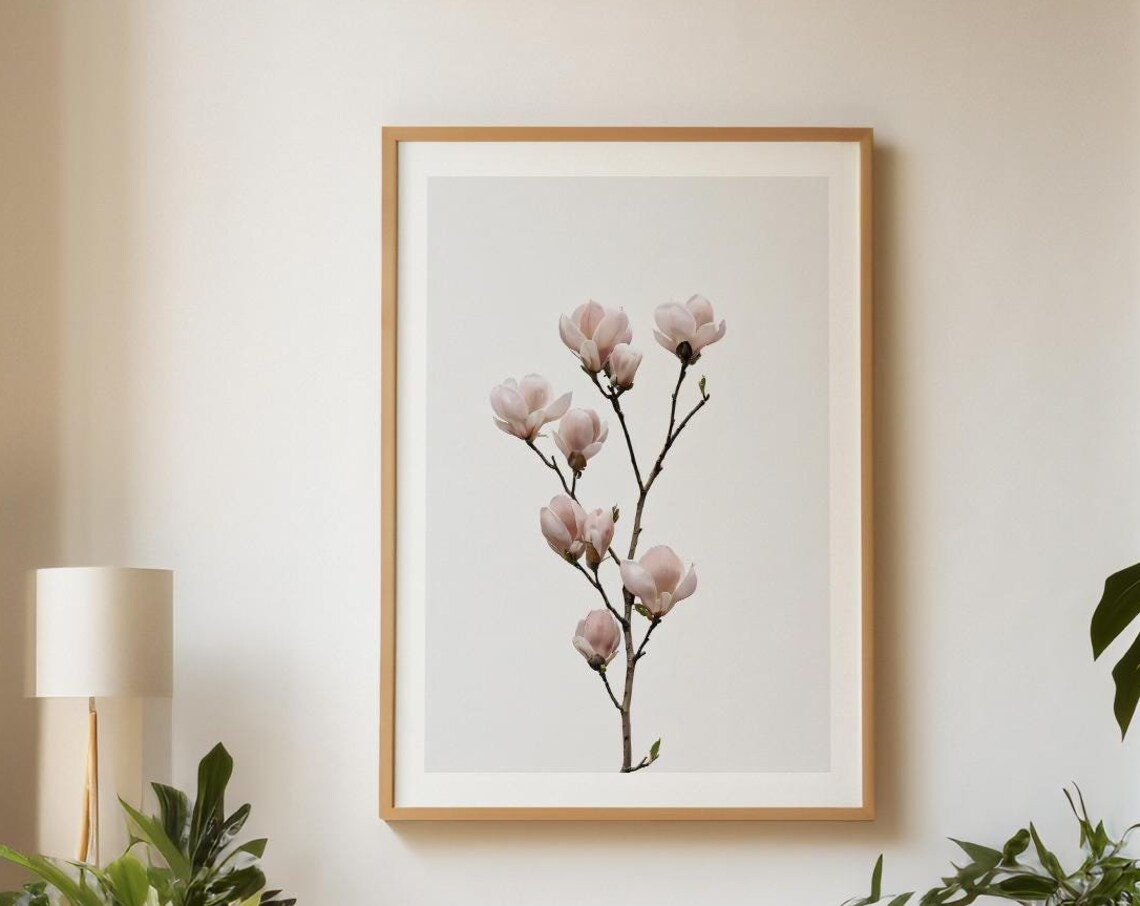 White Magnolia Branch Blossom Minimalist Floral Decor Poster