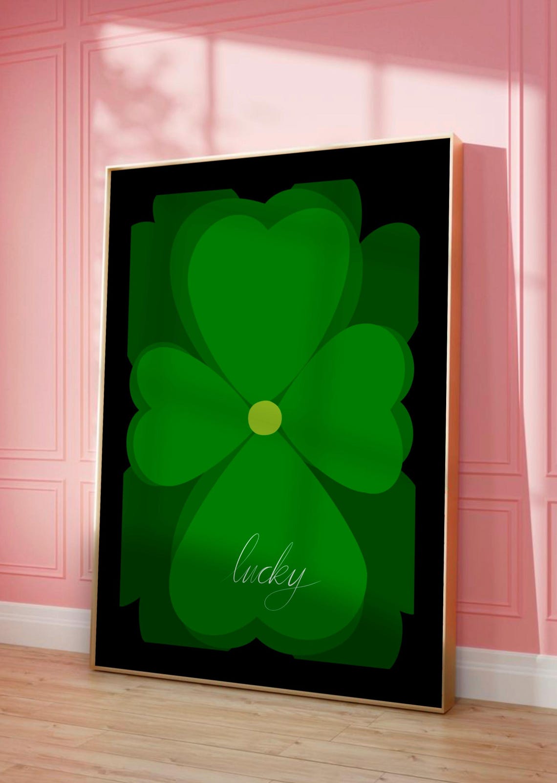 Lucky Script Green Shamrock Pattern Black Background Maximalist Poster