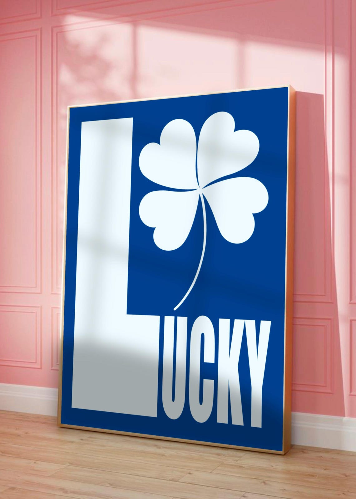 Lucky White Four Leaf Clover Navy Blue Typography Wall Poster