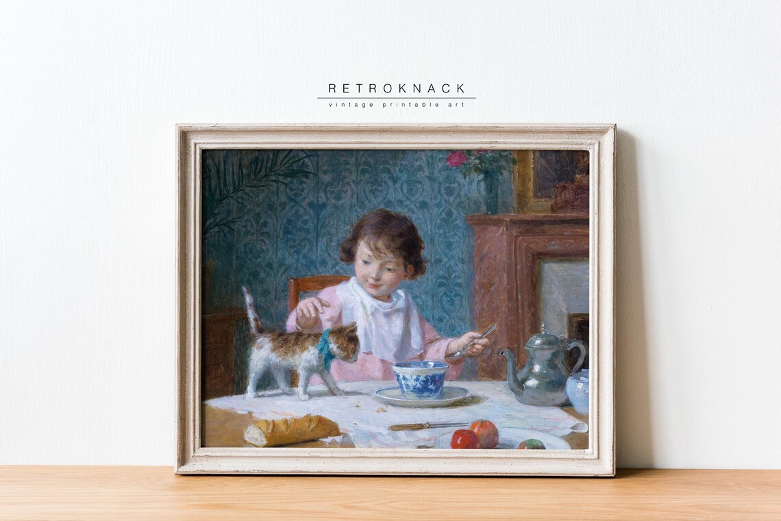 Little Girl Cat Wall Art French Antique Oil Painting Print Farmhouse Decor Pt20