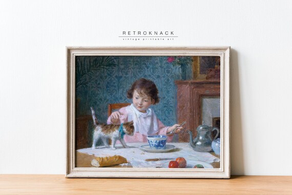 Little Girl With Kitten at Tea Table Vintage French Oil Painting Print