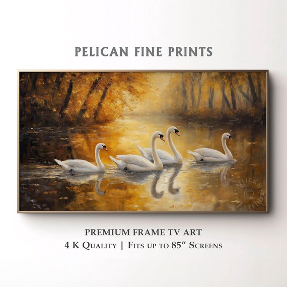 White Swans Golden Autumn Lake Oil Painting Wildlife Art Poster