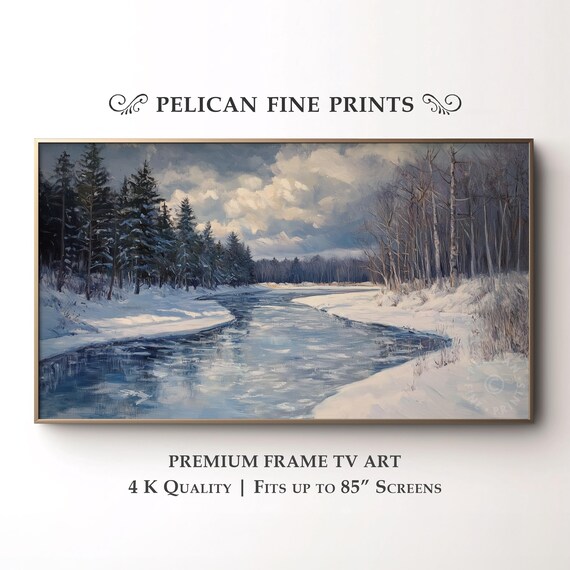 Frozen River Snowy Forest Winter Landscape Moody Blue Painting Wall Art