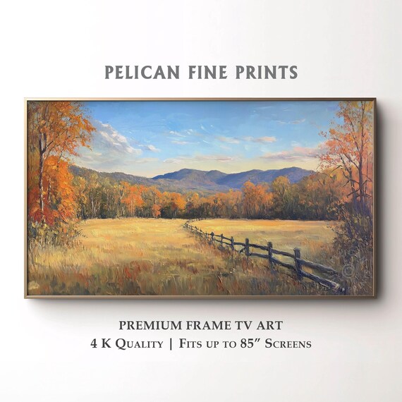 Autumn Meadow Frame Tv Art Split Rail Fence Painting Rustic Fall Farm Landscape Golden Country Field Nature Scene Tv022