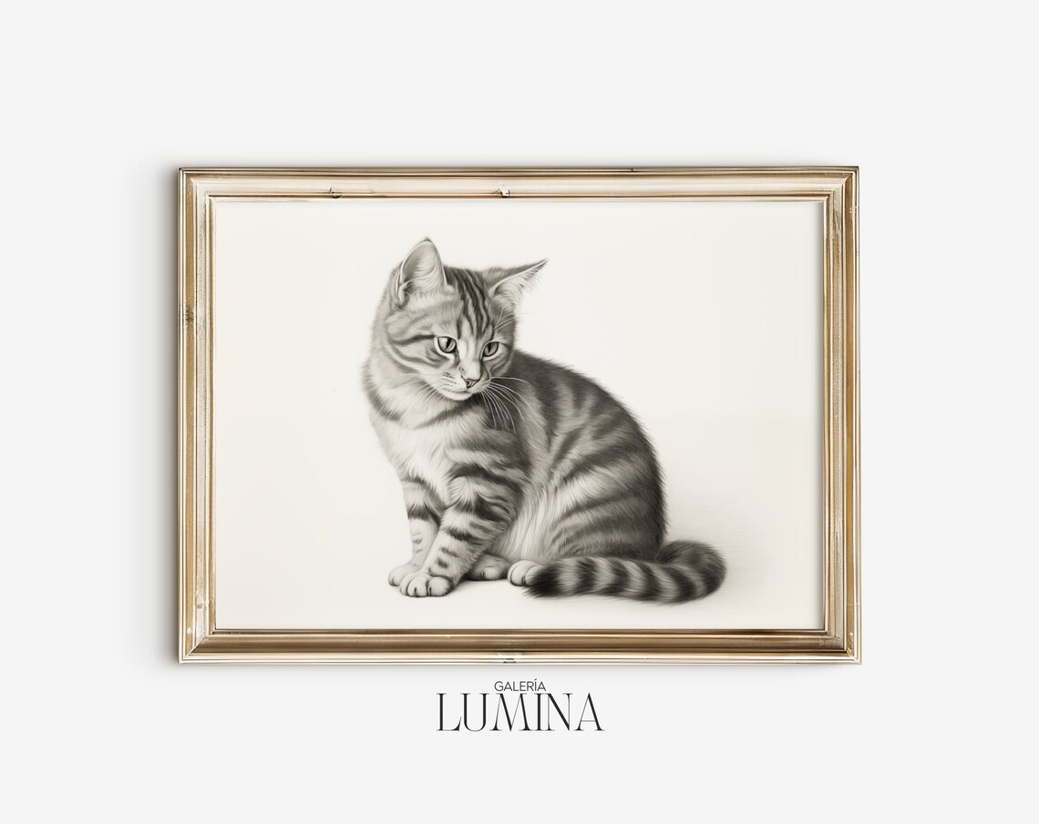 Vintage Tabby Cat Pencil Sketch Animal Portrait Poster for Cat Lovers - Image 2