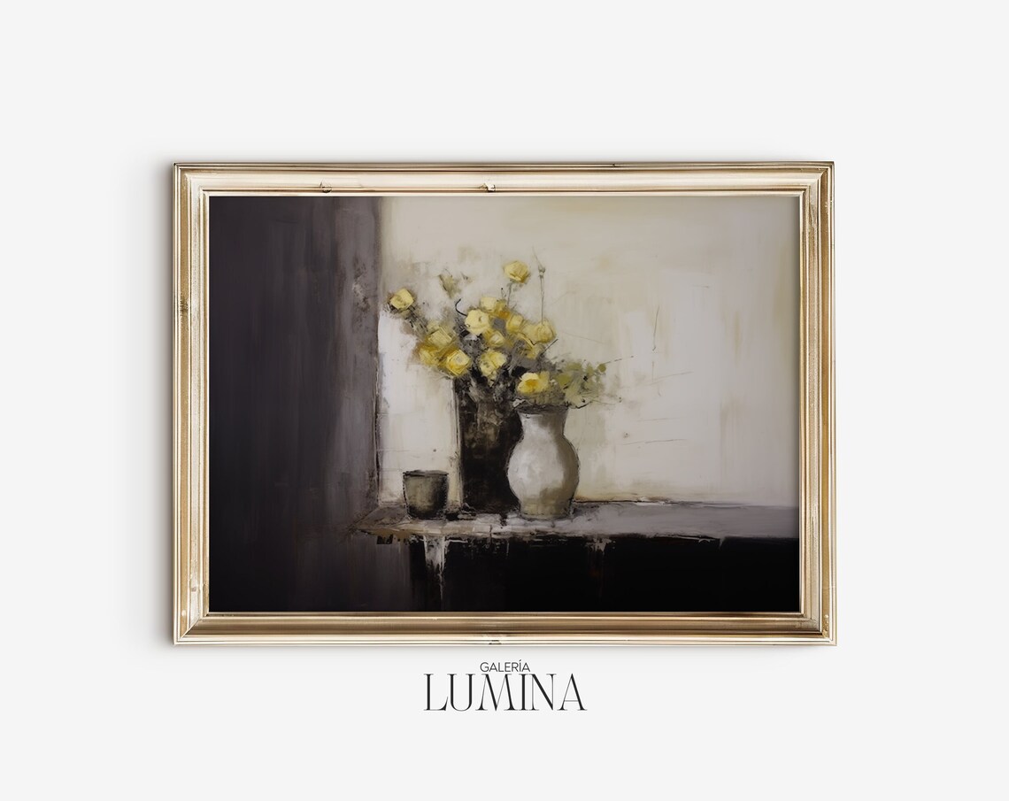 Yellow Roses in White Vase Moody Still Life Oil Painting Poster - Image 2