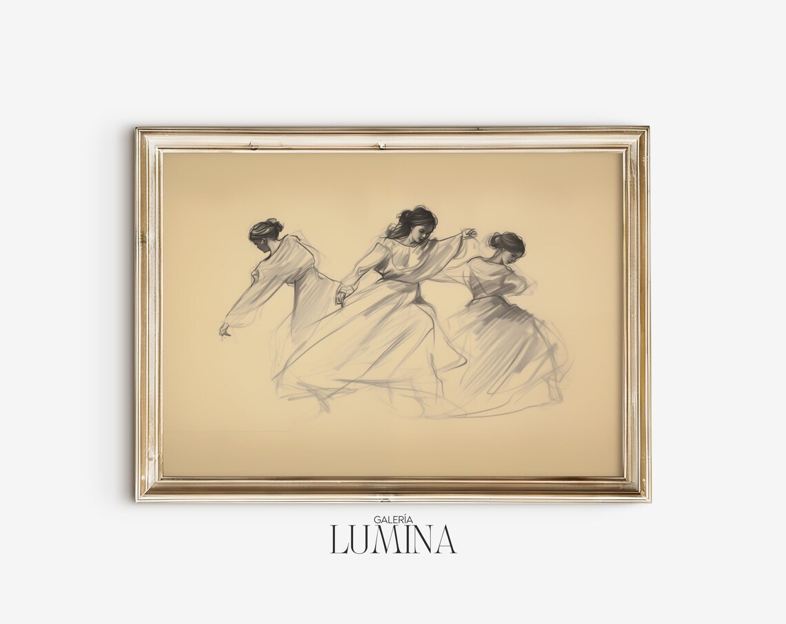 Three Women Dancing Vintage Charcoal Figure Drawing Sketch Poster - Image 2