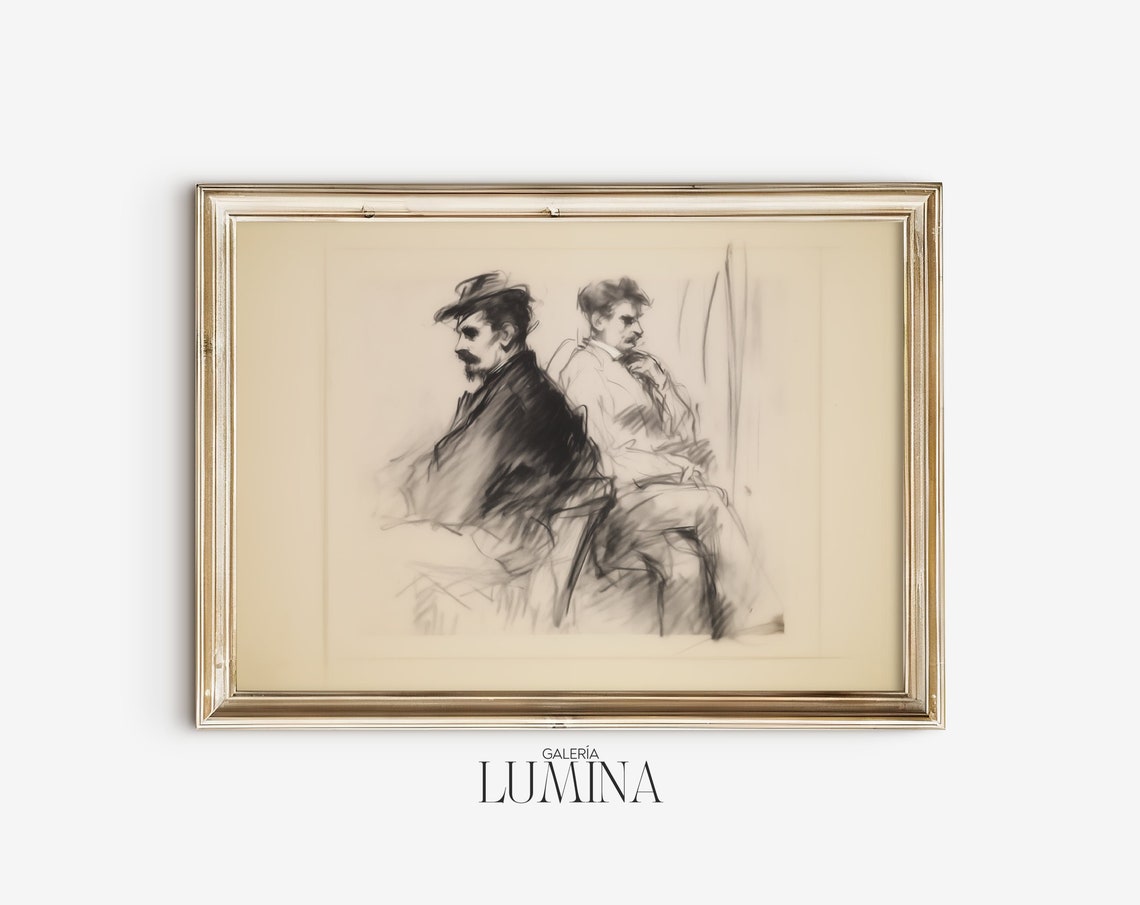 Two Gentlemen Sitting Sketch Artwork Figure Drawing Minimalist And Modern Wall Art Neutral Etching Art Frame Tv Art 013 - Image 2