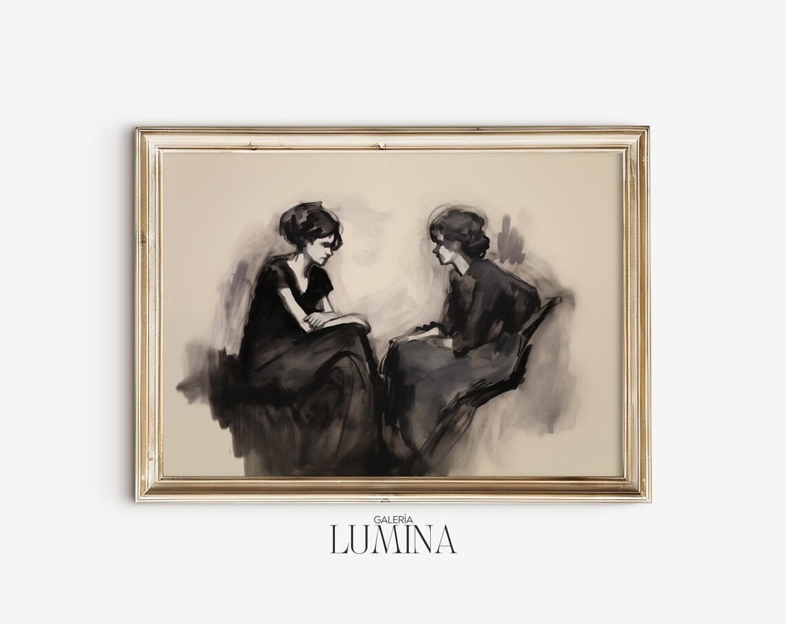 Two Seated Women Expressive Ink Wash Figurative Brushwork Portrait Poster - Image 2