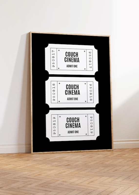 Couch Cinema Admit One Black White Ticket Poster for Movie Room