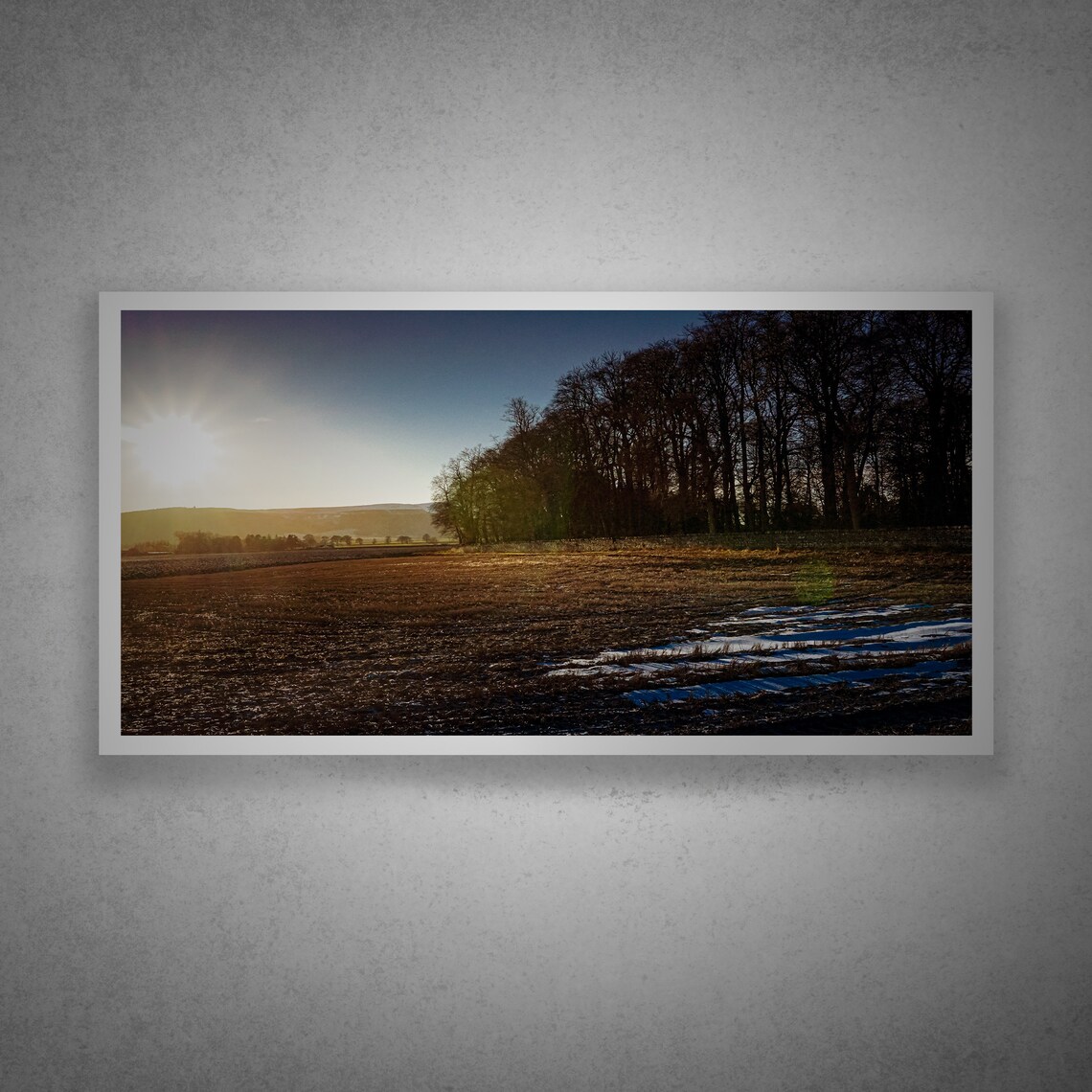 First Snowfall Over Frosty Field Treeline Sunset Photo Art Poster
