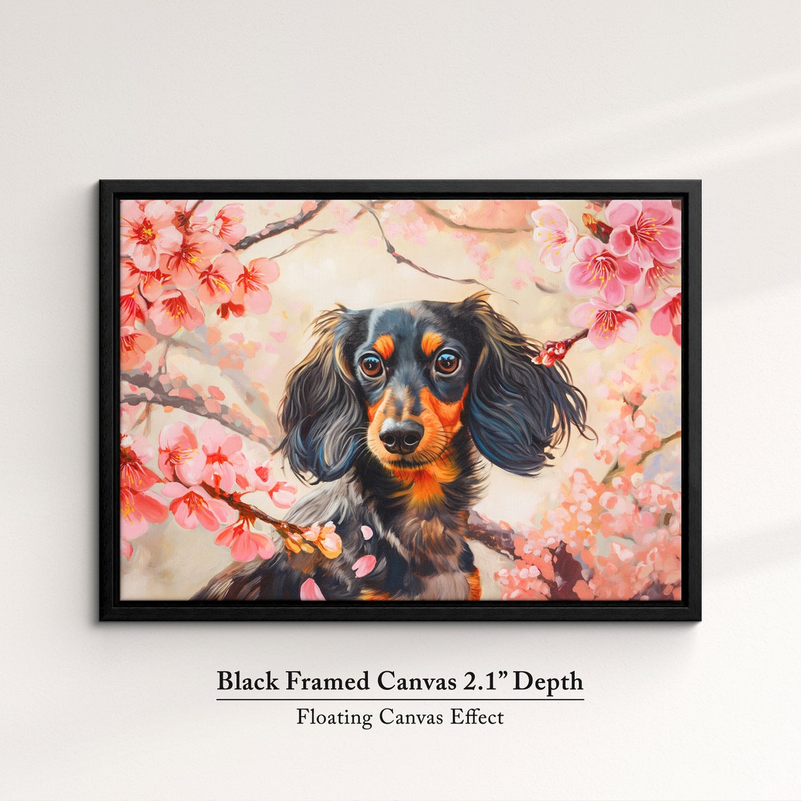 Long Haired Dachshund In Cherry Blossoms Cute Black Tan Dog Poster - Image 2