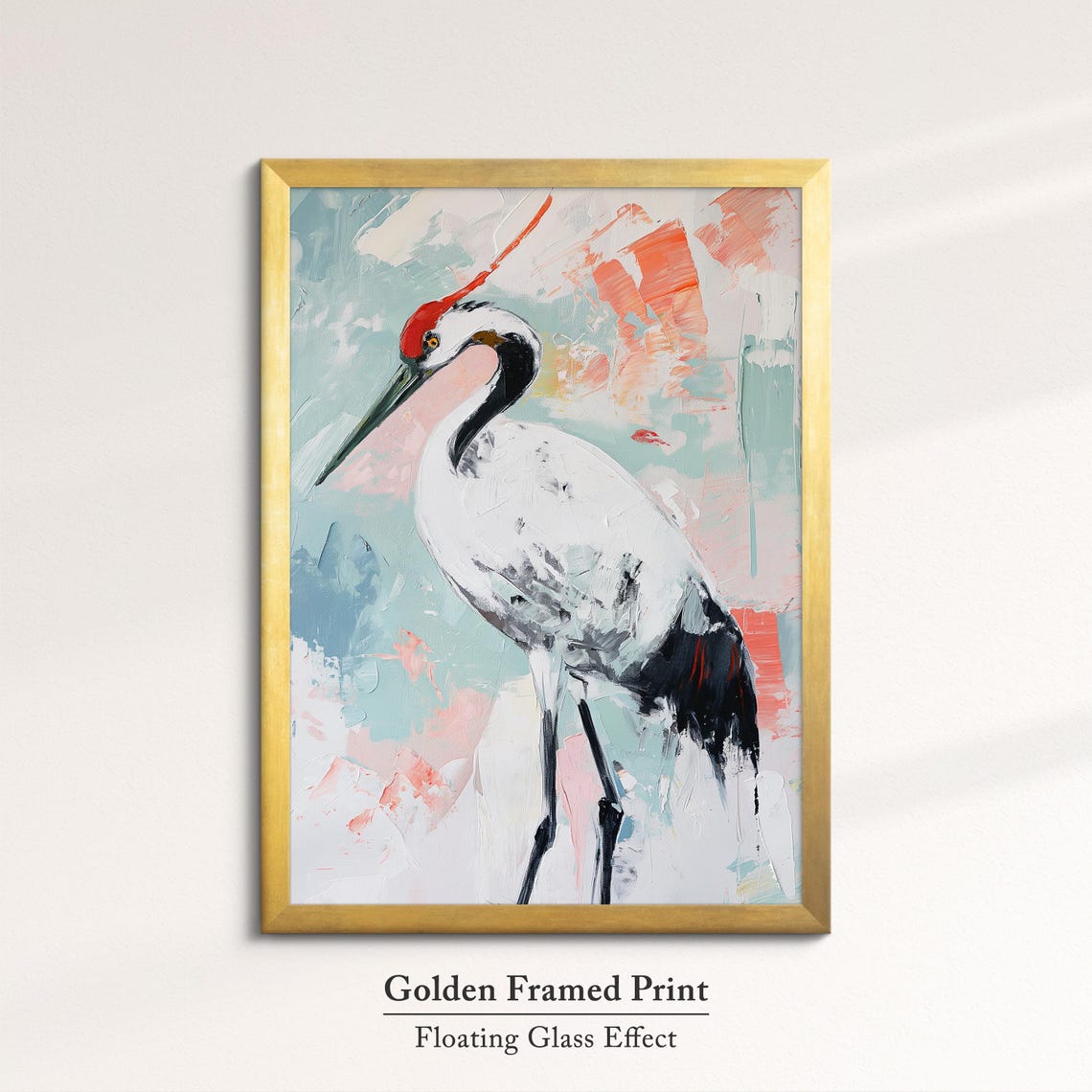 Red Crowned Crane Elegant Pastel Abstract Bird Painting Wall Art - Image 5
