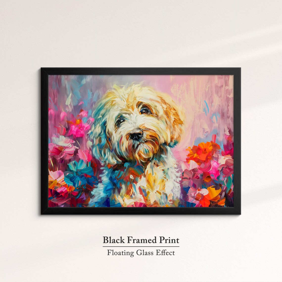 Fluffy White Cockapoo Dog Flowers Colorful Oil Painting Wall Art - Image 8