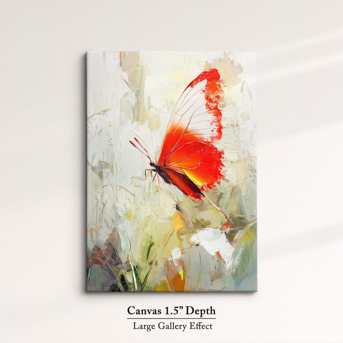 Red Orange Butterfly Oil Painting Cream Background Elegant Wall Art - Image 3