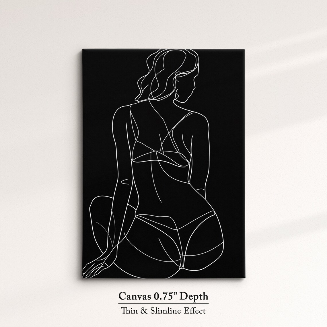 Seated Woman From Behind White Line On Black Dramatic Minimalist Wall Art Print - Image 4