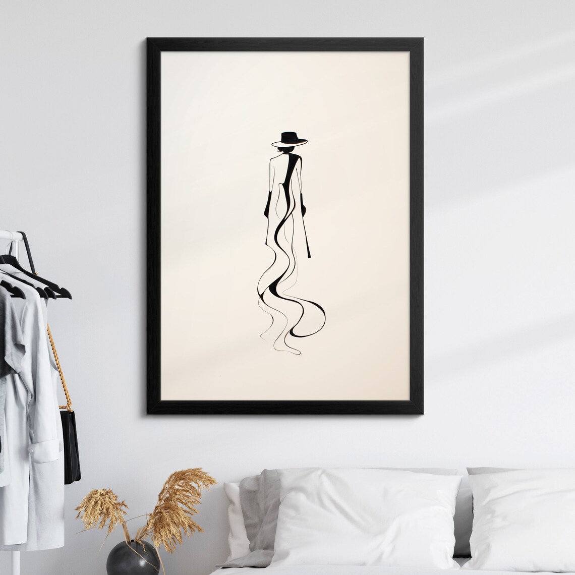 Woman In Wide Brim Hat Flowing Gown Minimalist Line Art Elegant Wall Art Print - Image 8