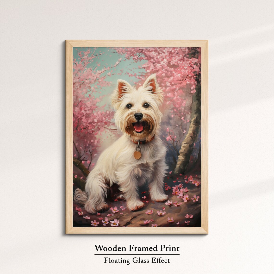 White Westie Puppy With Gold Tag In Pink Blossom Trees Art Poster - Image 6