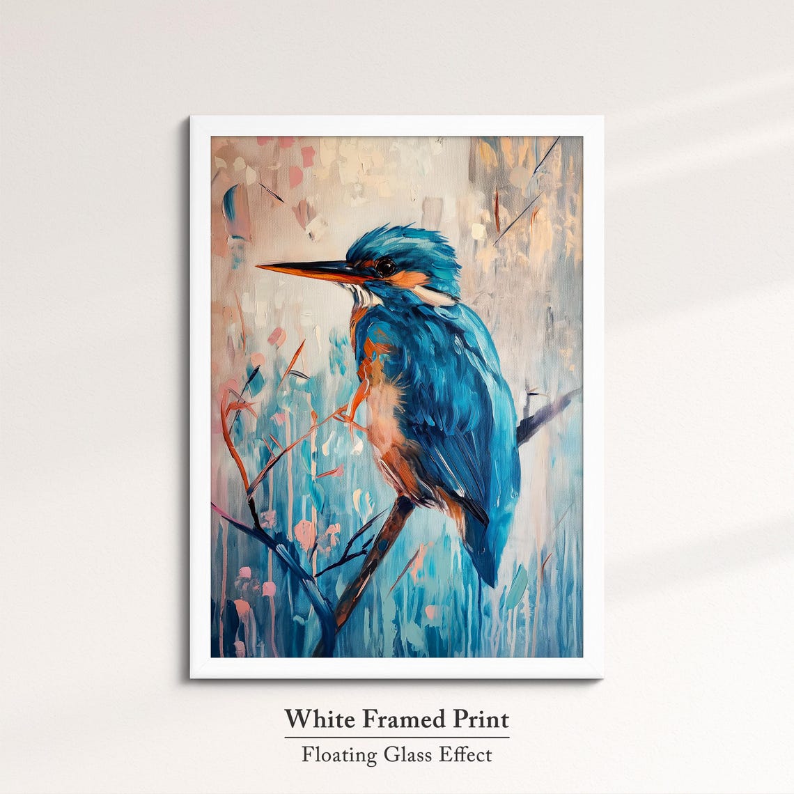 Kingfisher Blue Perched Branch Pink Teal Abstract Bird Painting Poster - Image 7