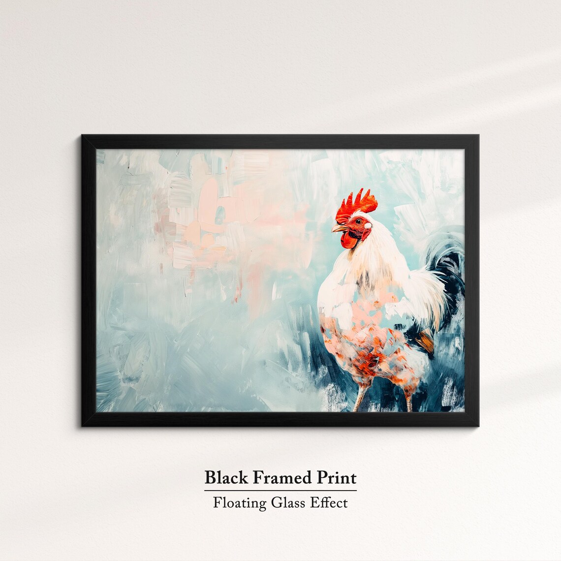 White Rooster Soft Pastel Blue Abstract Standing Farm Bird Art Poster - Image 8