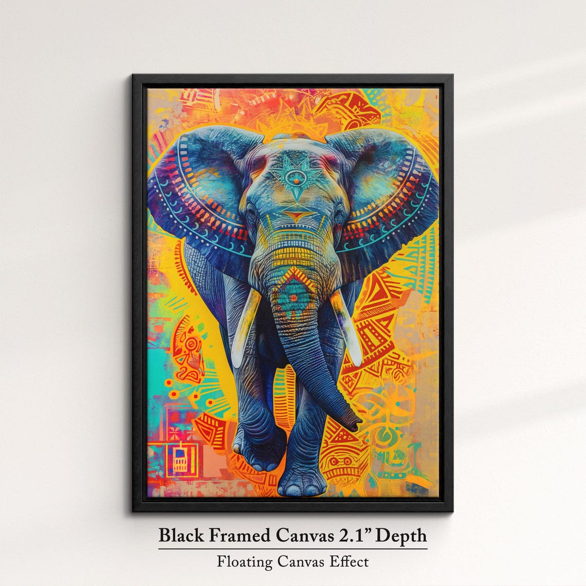 Blue Tribal Elephant Colorful Orange Yellow Folk Pattern Wall Poster - Image 2