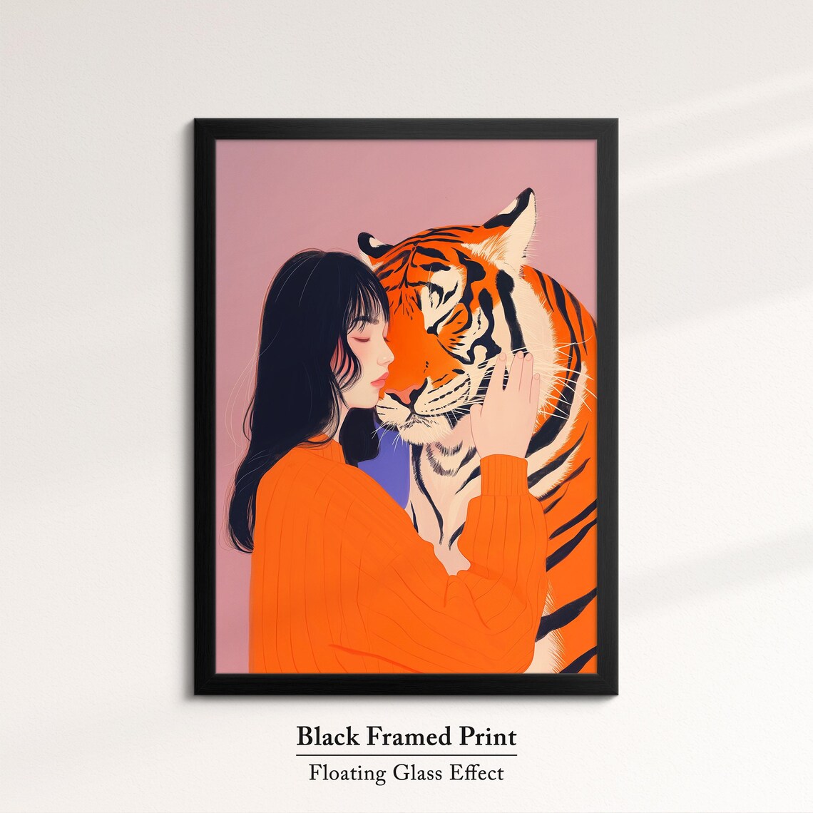 Woman Embracing Tiger Gentle Pink Background Modern Illustration Print - Image 8