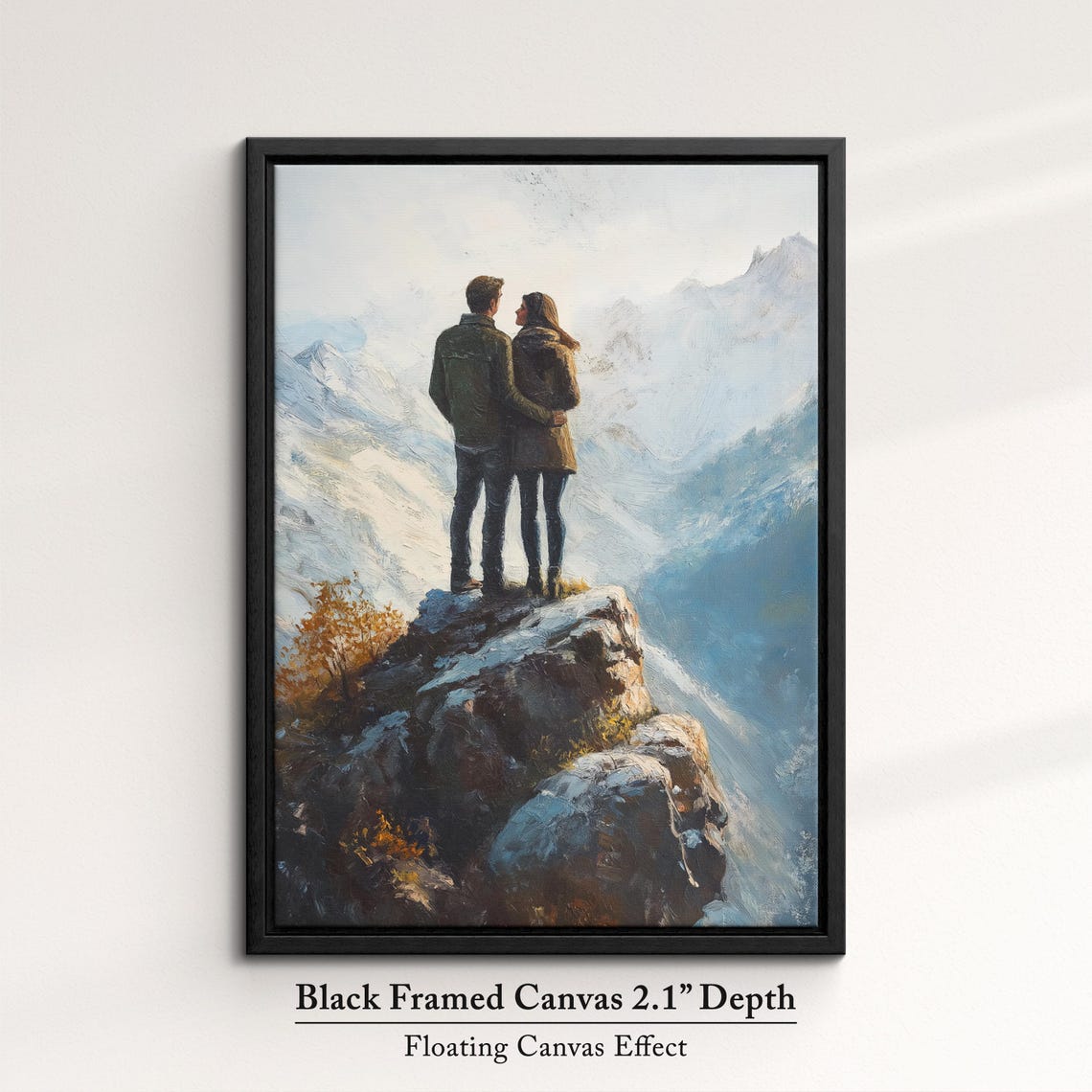 Couple Embracing On Snowy Mountain Summit Winter Romance Art Print - Image 2