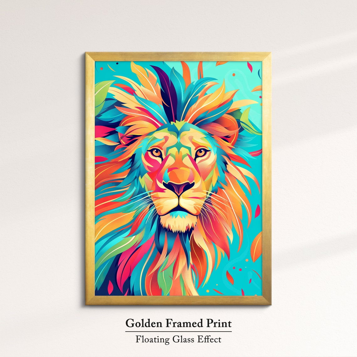 Colorful Lion Face Front Rainbow Feather Mane Teal Art Poster - Image 5