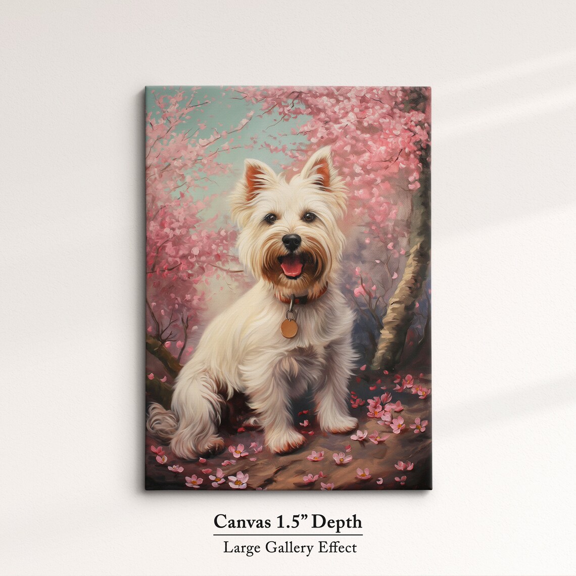White Westie Puppy With Gold Tag In Pink Blossom Trees Art Poster - Image 3