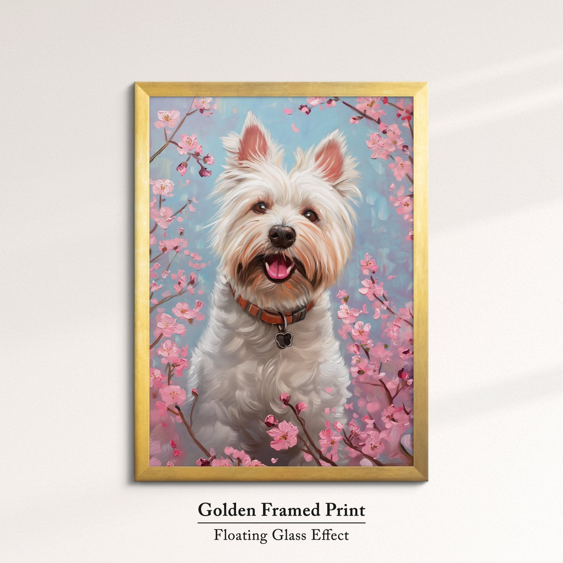 Happy Westie With Orange Collar In Pink Blossoms Blue Sky Poster - Image 5