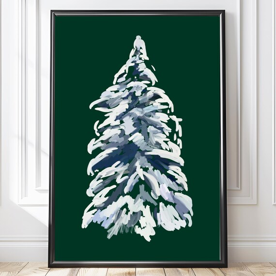 Snow Covered Pine Tree White Brushstrokes Deep Green Minimalist Winter Poster