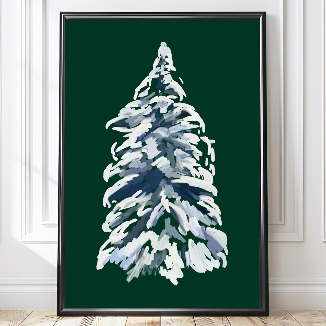 Snow Covered Pine Tree White Brushstrokes Deep Green Minimalist Winter Poster