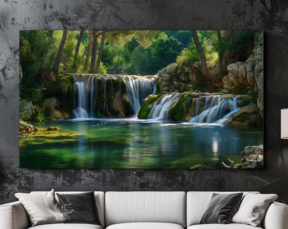 Forest Waterfall Cascading Emerald Pool Mossy Rocks Nature Poster