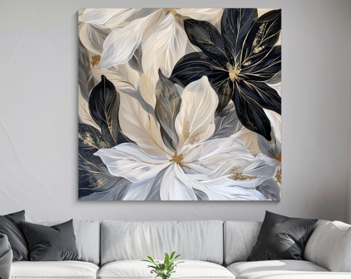 Dramatic Black White Gold Floral Leaves Elegant Abstract Wall Art