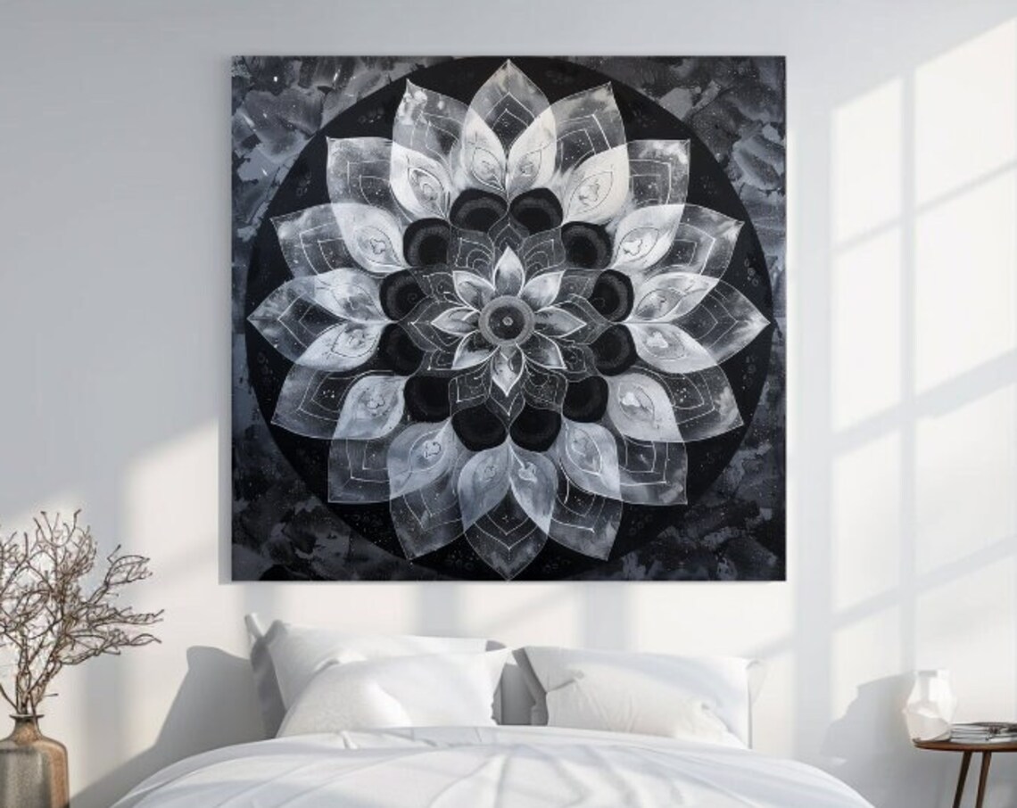Black White Watercolor Mandala Floral Meditative Zen Wall Art