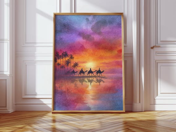 Boho Style Living Room Poster Desert Caravan Sunset Colorful Watercolor Art Palm Trees Elegance Decoration Bedroom Hallway Inspiration