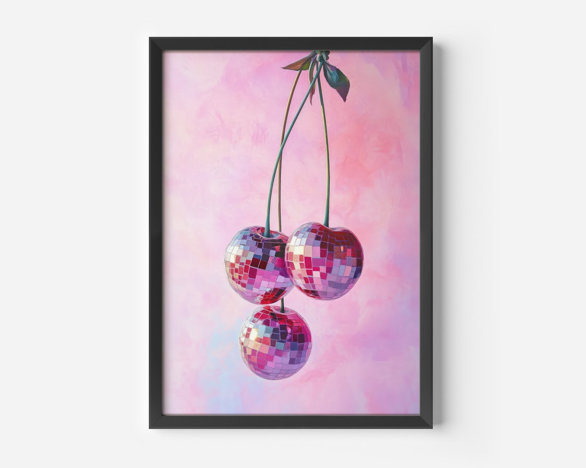 Disco Ball Cherries On Pink Retro Glitter Trendy Decor Poster Art