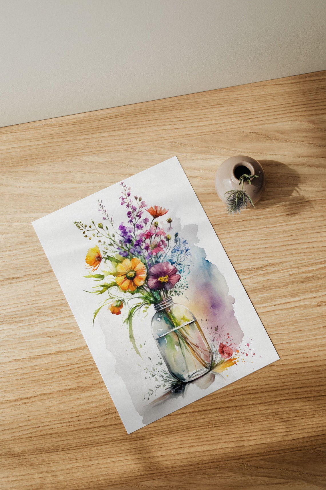 Watercolor Wildflowers Mason Jar Bouquet Rustic Kitchen Wall Poster