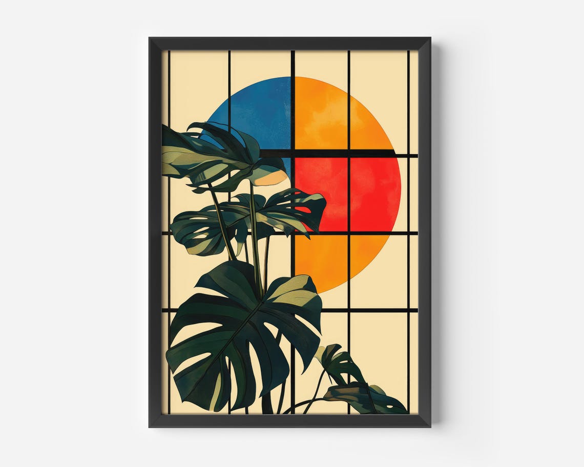 Monstera Leaves Geometric Sun Color Block Abstract Art Poster
