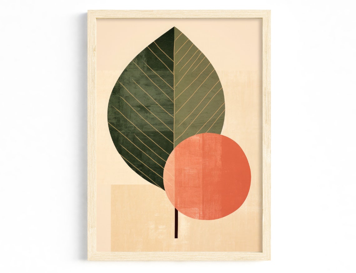 Minimalist Green Leaf with Gold Veins and Orange Sun Abstract Poster