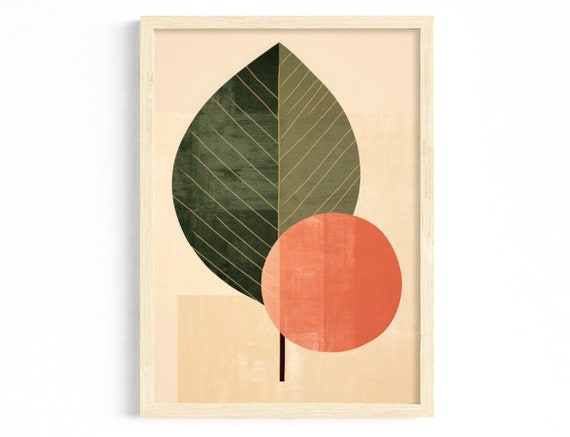 Living Room Scandi Style Abstract Leaves Natural Tones Minimalist Poster Green Orange Modern Wall Decoration Dining Office