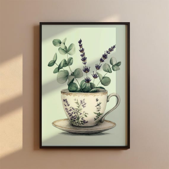 Kitchen Decor Vintage Botanical Poster Pastel Lavender Eucalyptus Illustration Country Style Art Print Tea Living Room